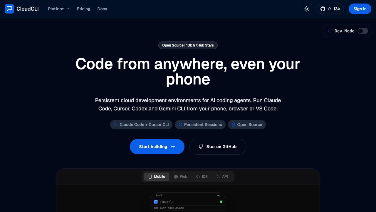 CloudCLI (Claude Code UI) 网站截图