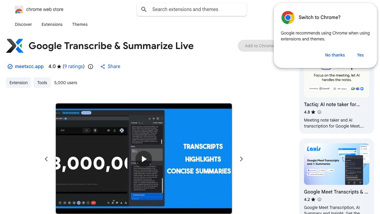 Google Transcribe & Summarize Live website screenshot