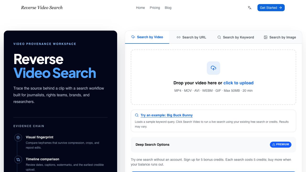 Reverse Video Search website screenshot