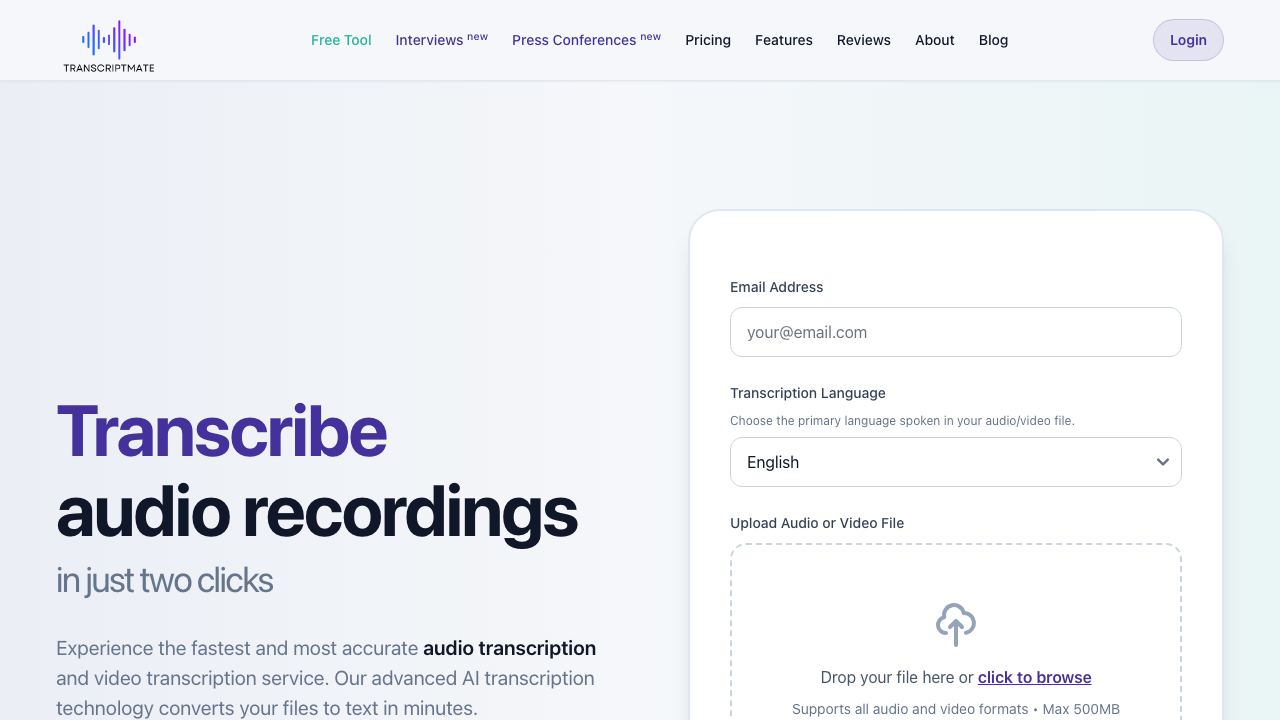 Transcriptmate.com website screenshot