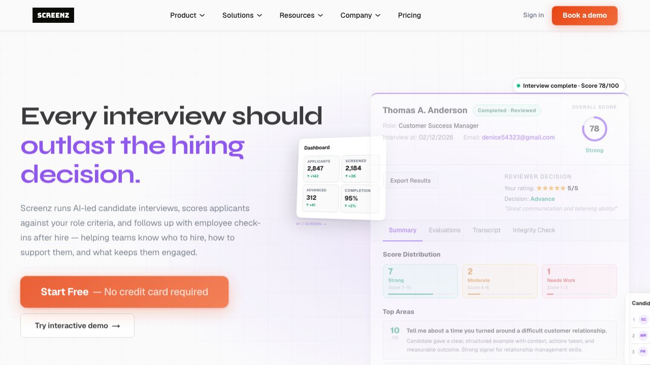 Screenz Live AI Recruiter Interviews 网站截图