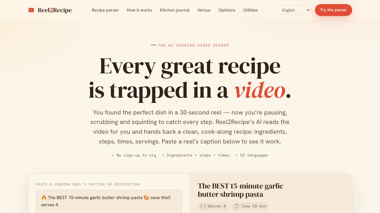 Reel2Recipe website screenshot