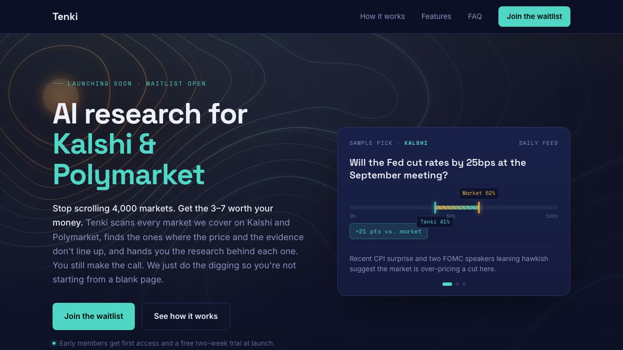 Tenki: AI Sports Picks for Kalshi Traders (NBA, NFL, NHL, NCAA) website screenshot