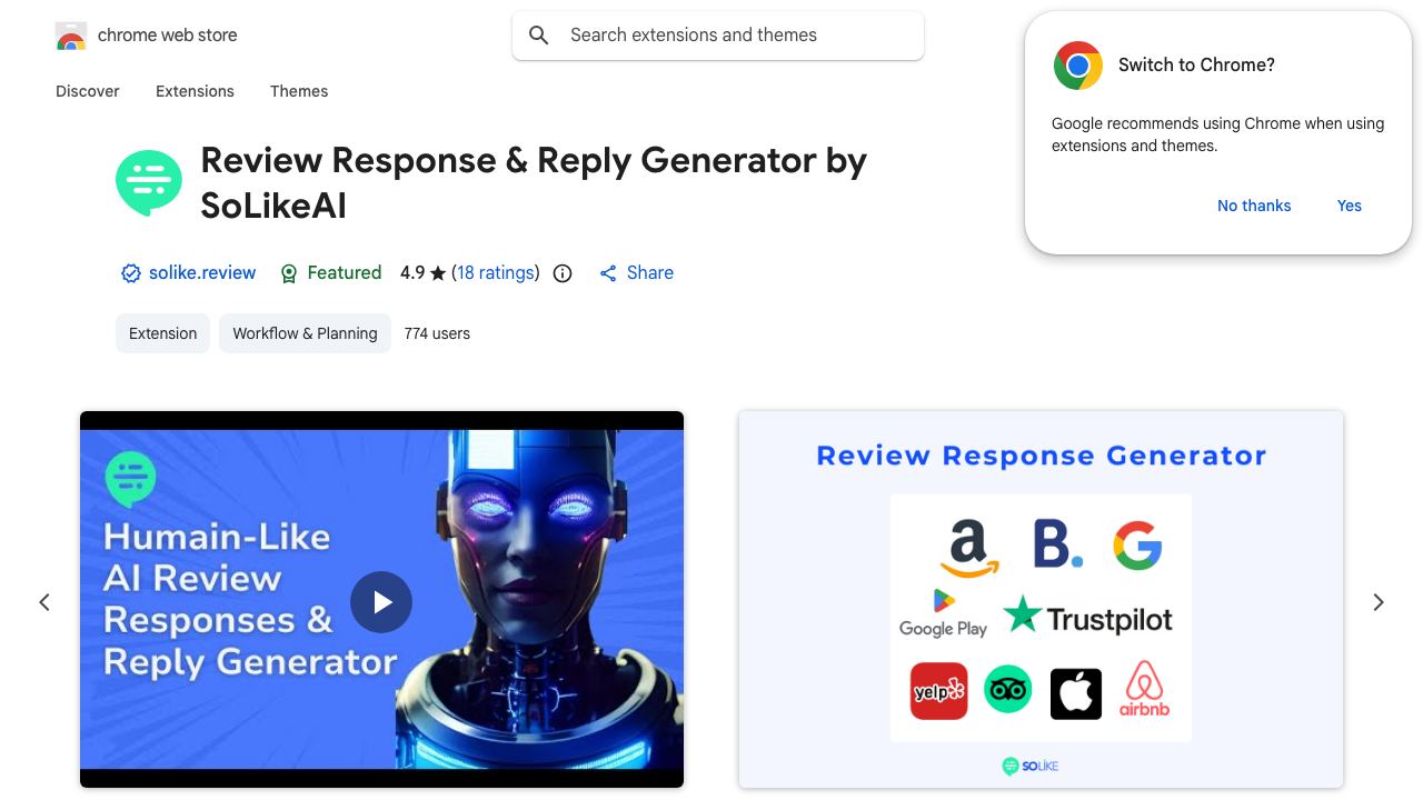 Review Response & Reply Generator by SoLikeAI 网站截图