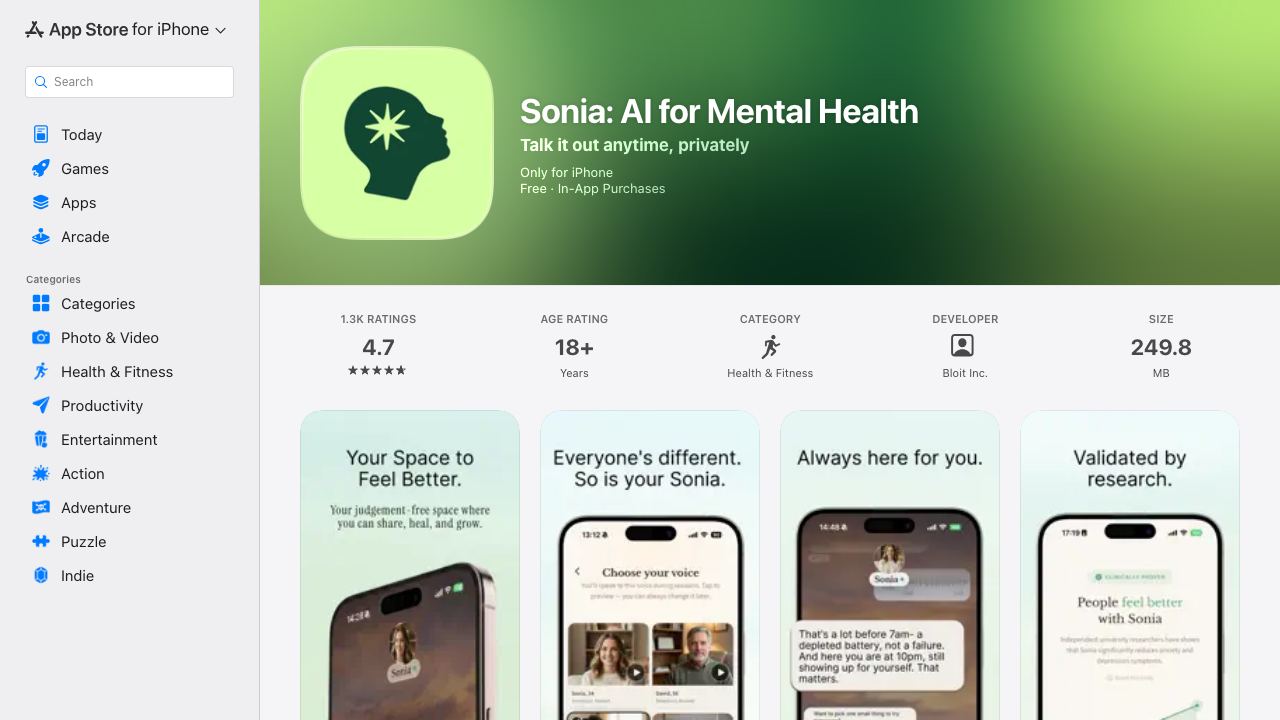 Sonia: AI Therapy 网站截图