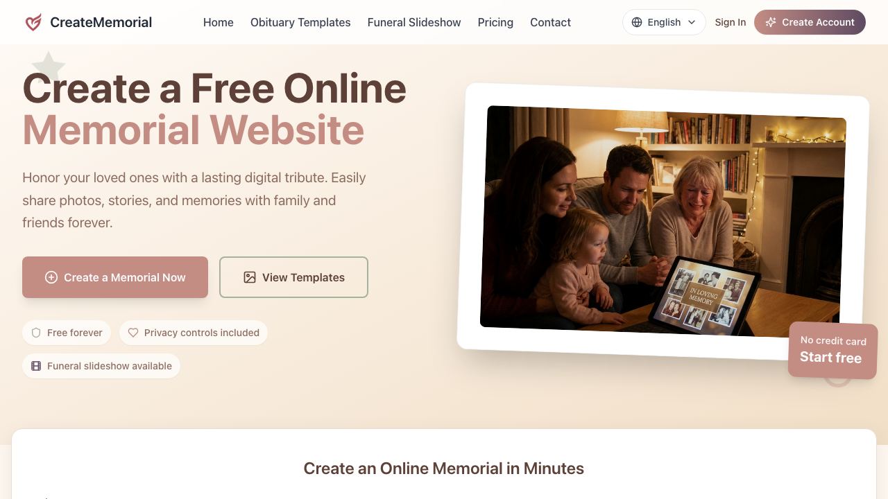 CreateMemorial website screenshot