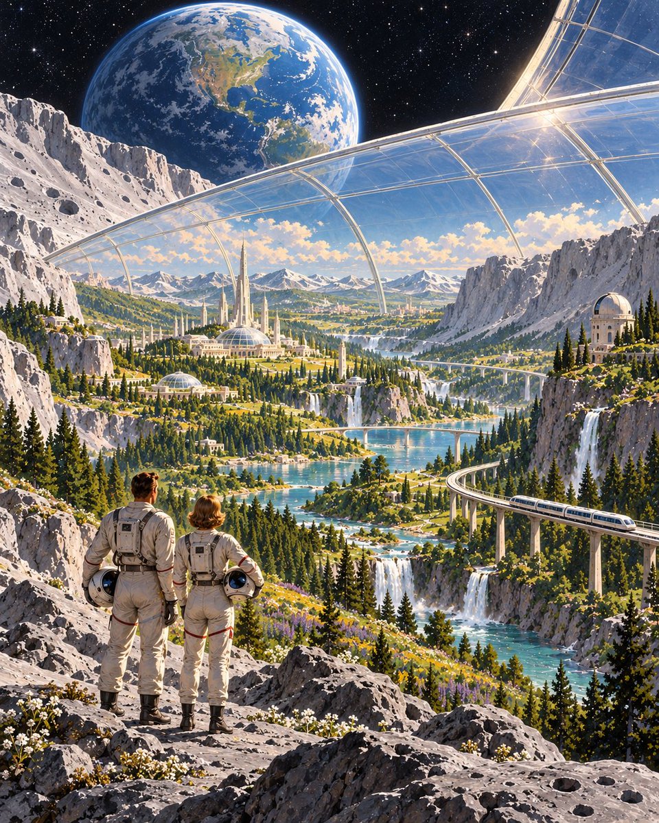Lush Lunar Colony with Earth in Sky