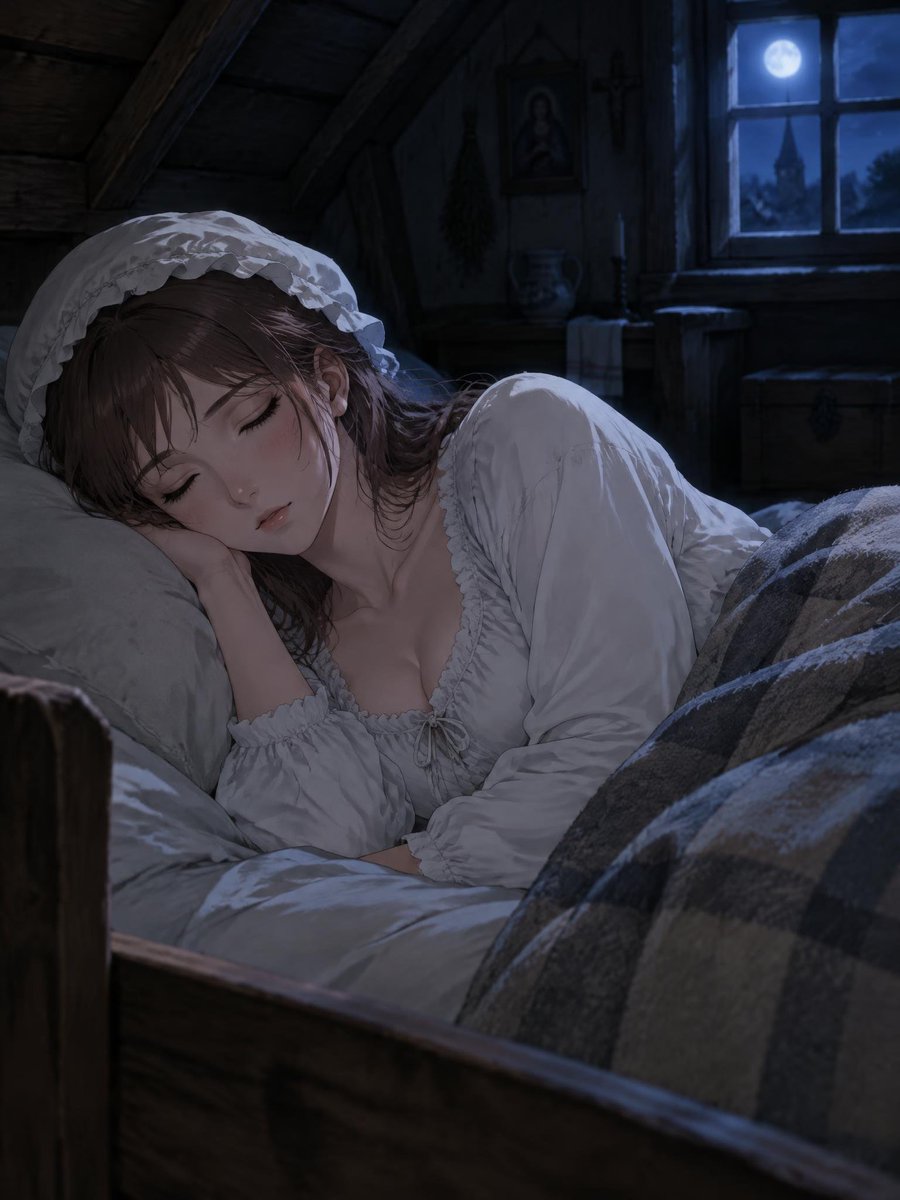 Sleeping Girl in Moonlit Attic