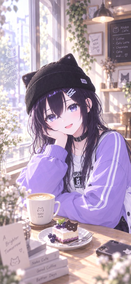 Anime Girl in Purple Cafe