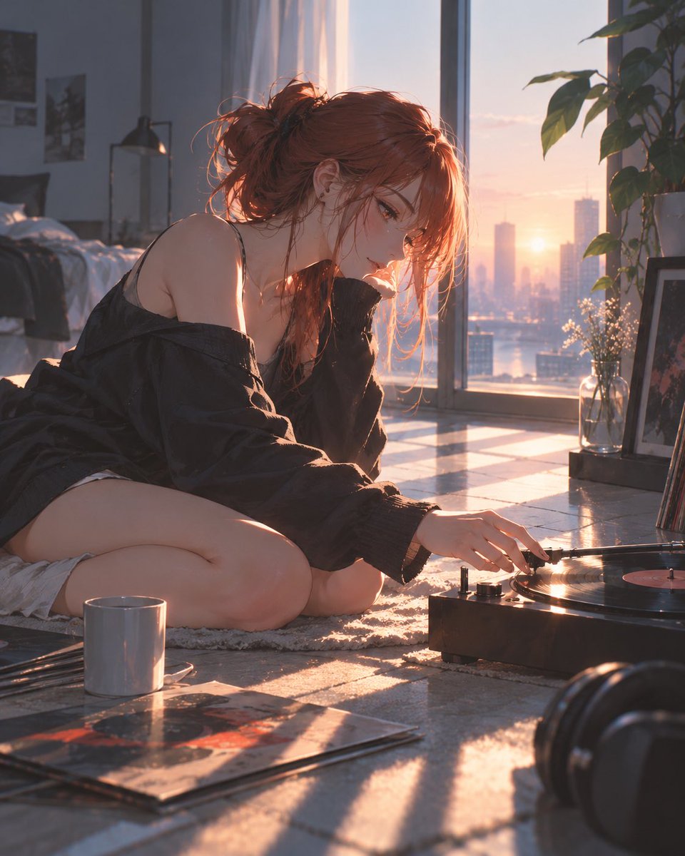 Girl Listening to Vinyl at Sunset