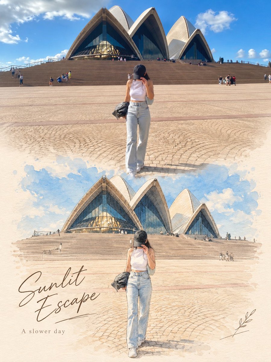 Photo to Watercolor Illustration Split example