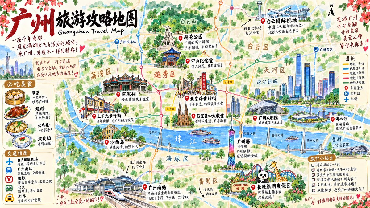 Hand-Painted Guangzhou Travel Map