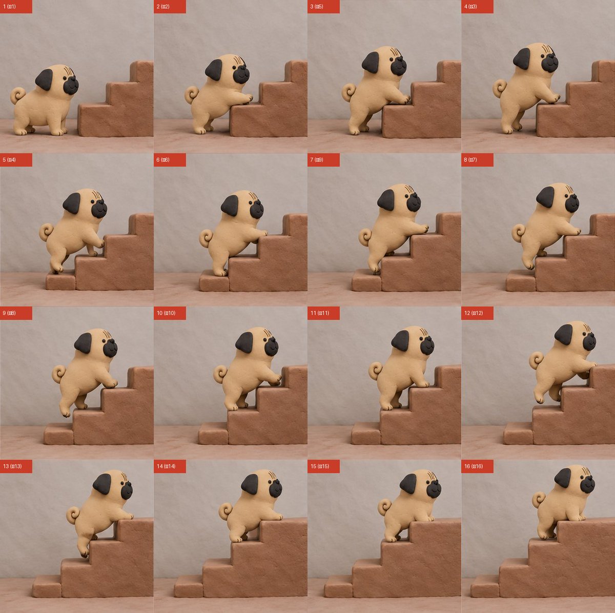 Claymation Pug Stair Climb Contact Sheet