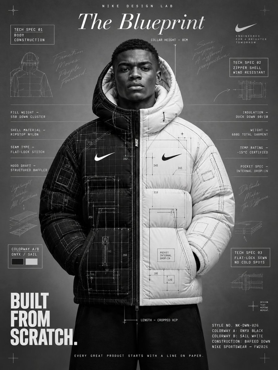Monochrome Nike Puffer Blueprint Ad example