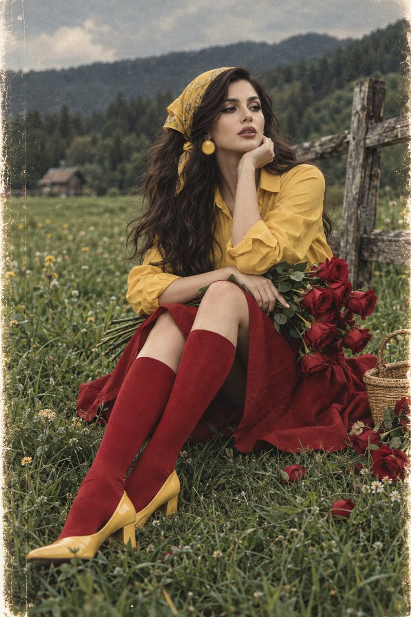 Vintage Film Style Meadow Run with Roses