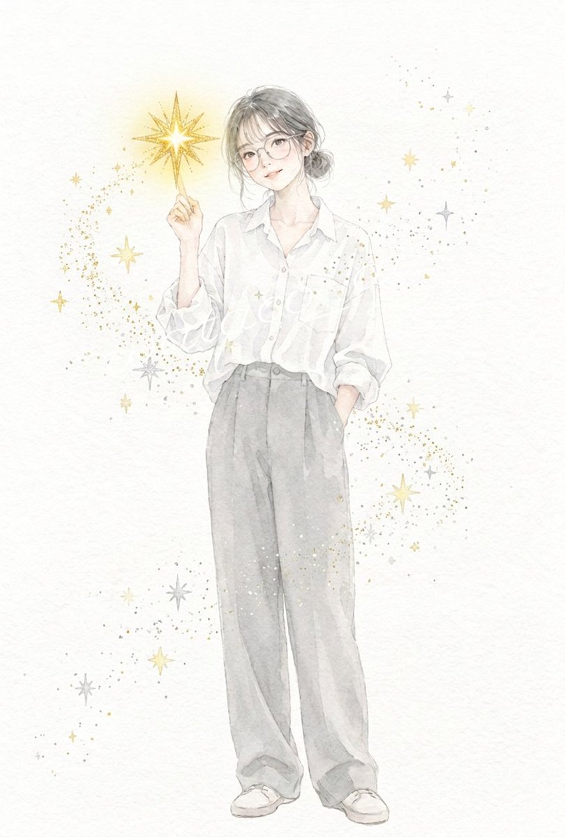 Watercolor Girl Holding Glowing Star Wand
