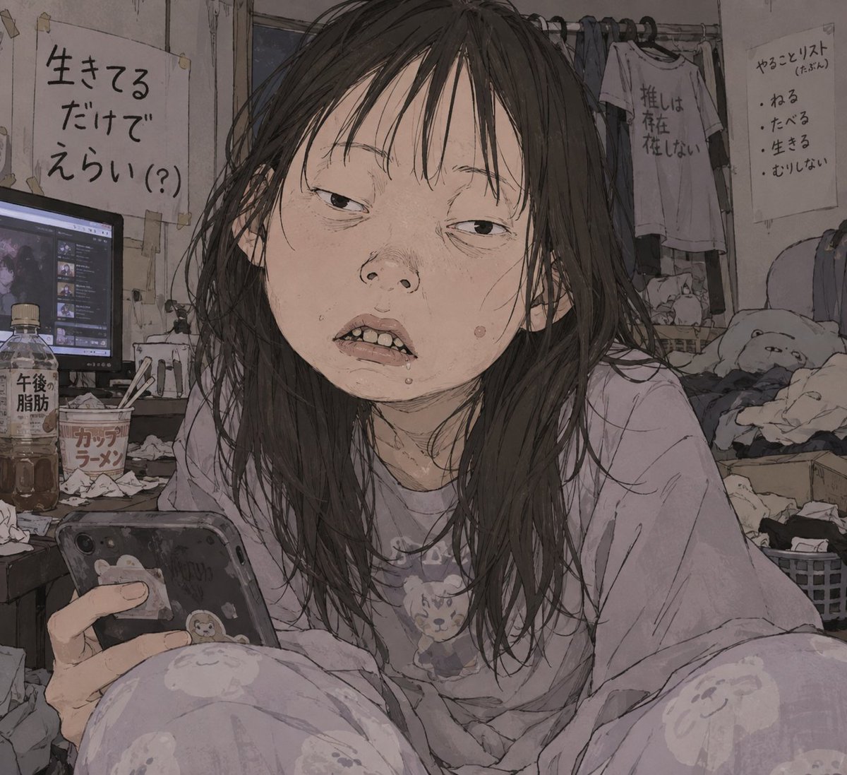 Depressed Anime Girl in Messy Room