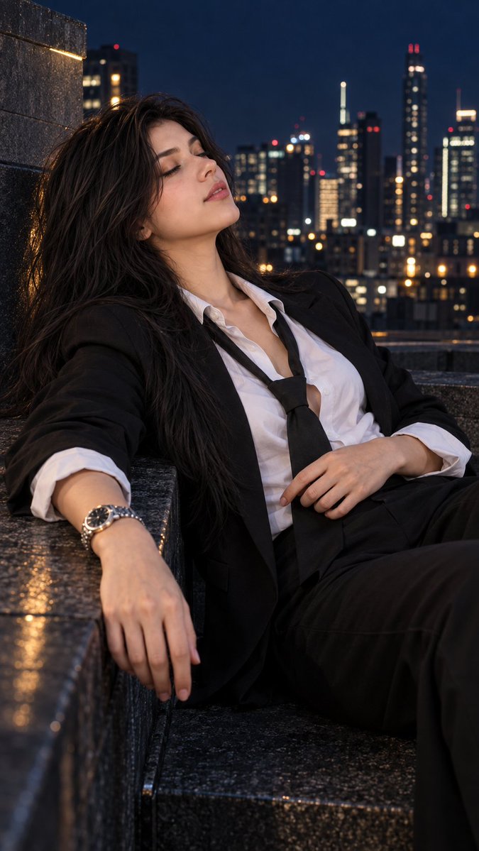 Nighttime Rooftop Portrait Prompt example