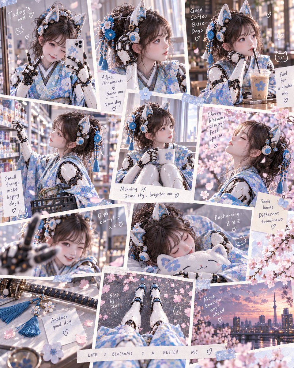 Cyberpunk Kimono Girl Daily Life Collage example