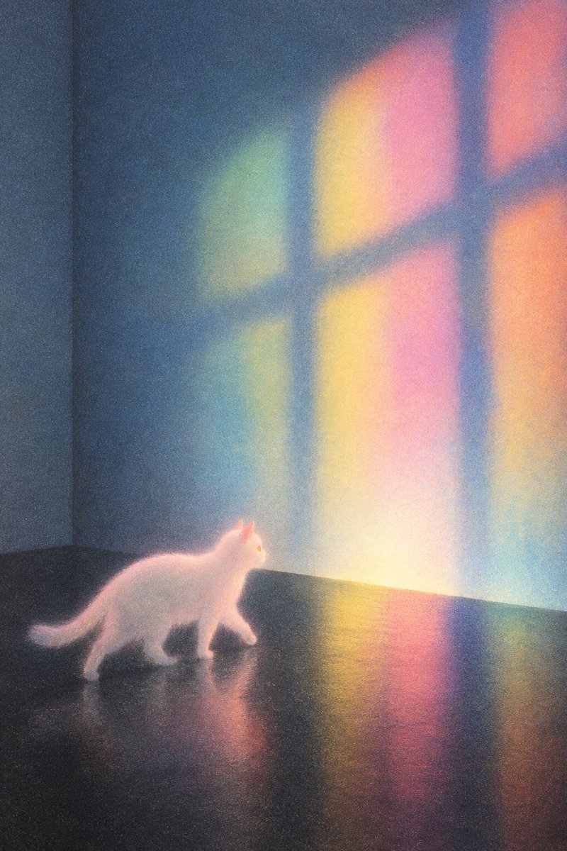 White Kitten Walking Through Pastel Light Projection
