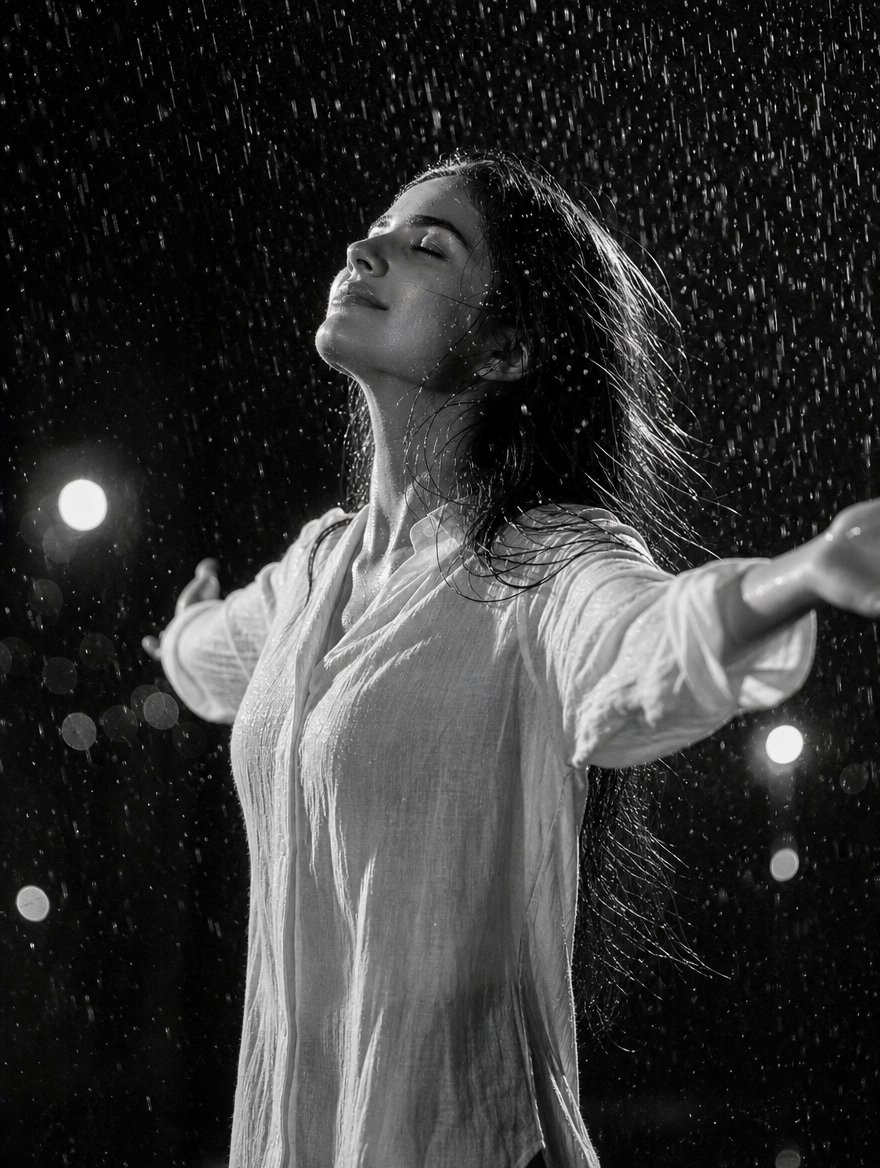 Woman Embracing Rain in Black & White example