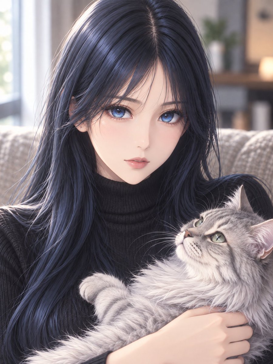 Semi-Realistic Girl Holding Cat