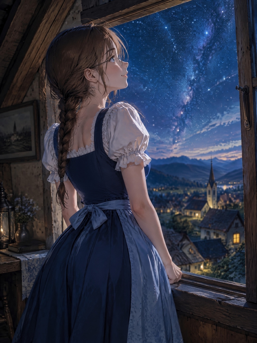 Anime Girl Braiding Hair Looking at Starry Night Village