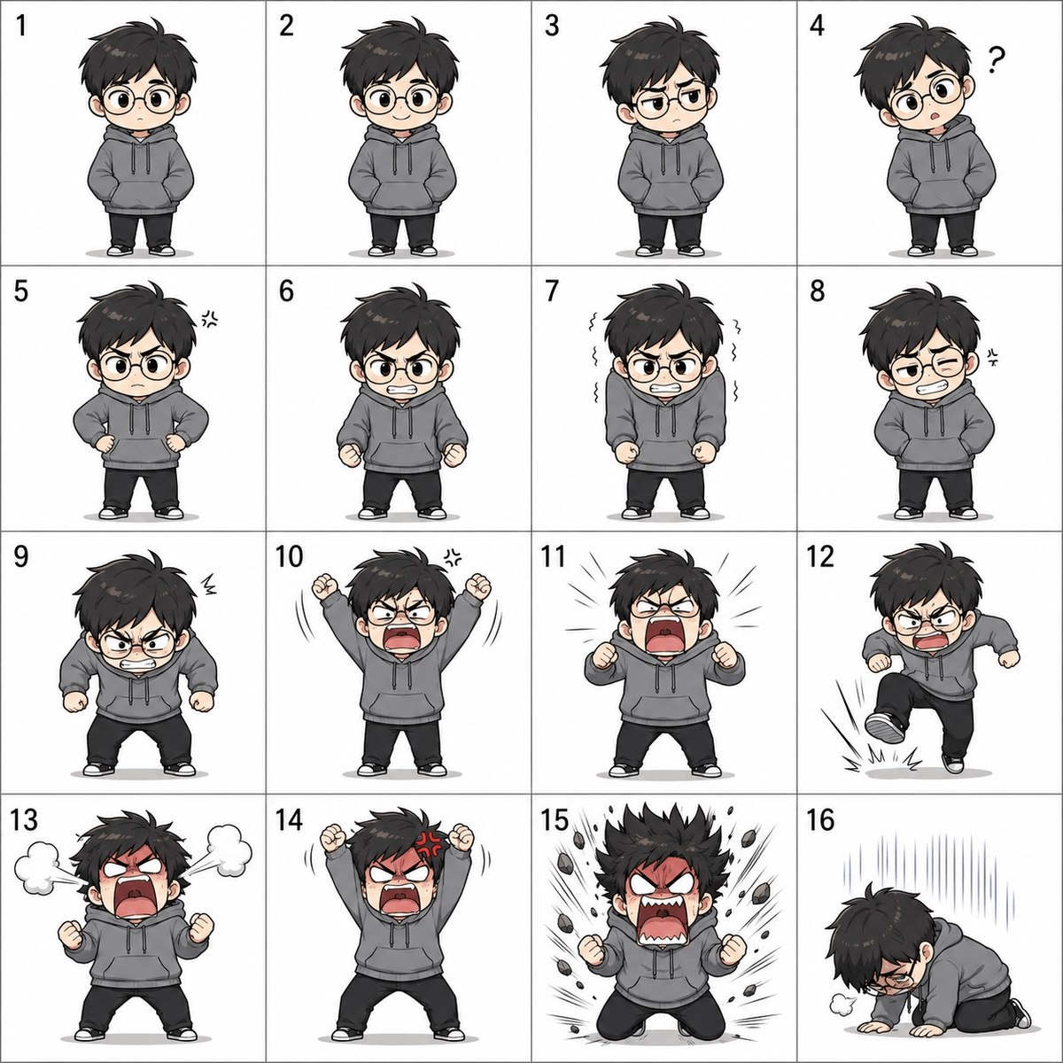 Chibi Character Anger Progression Grid