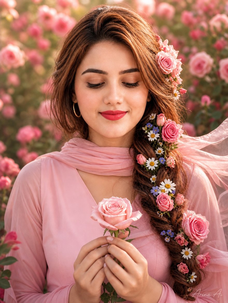 Indian Woman in Rose Garden Portrait