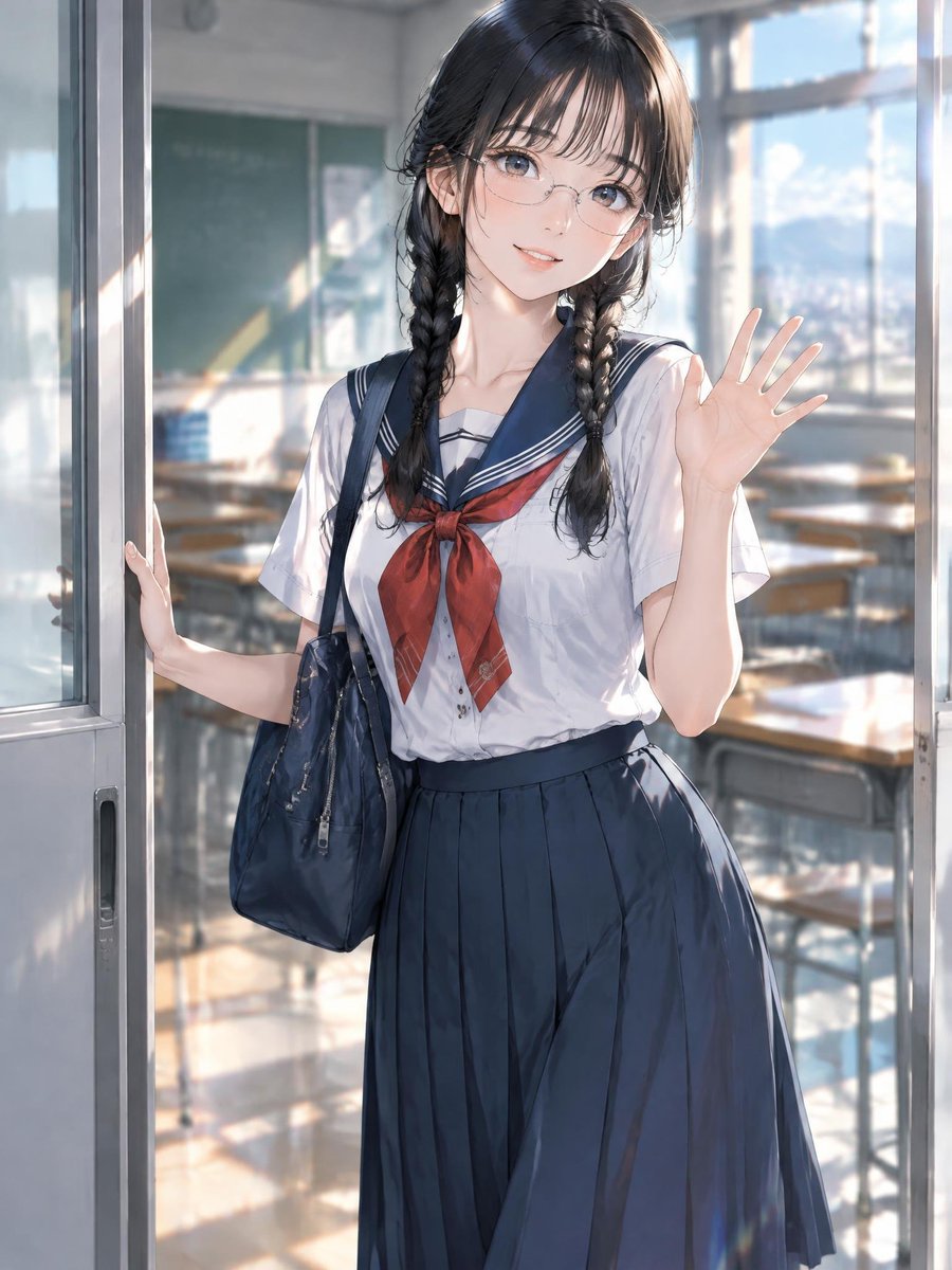 Anime Girl Waving in Classroom Doorway