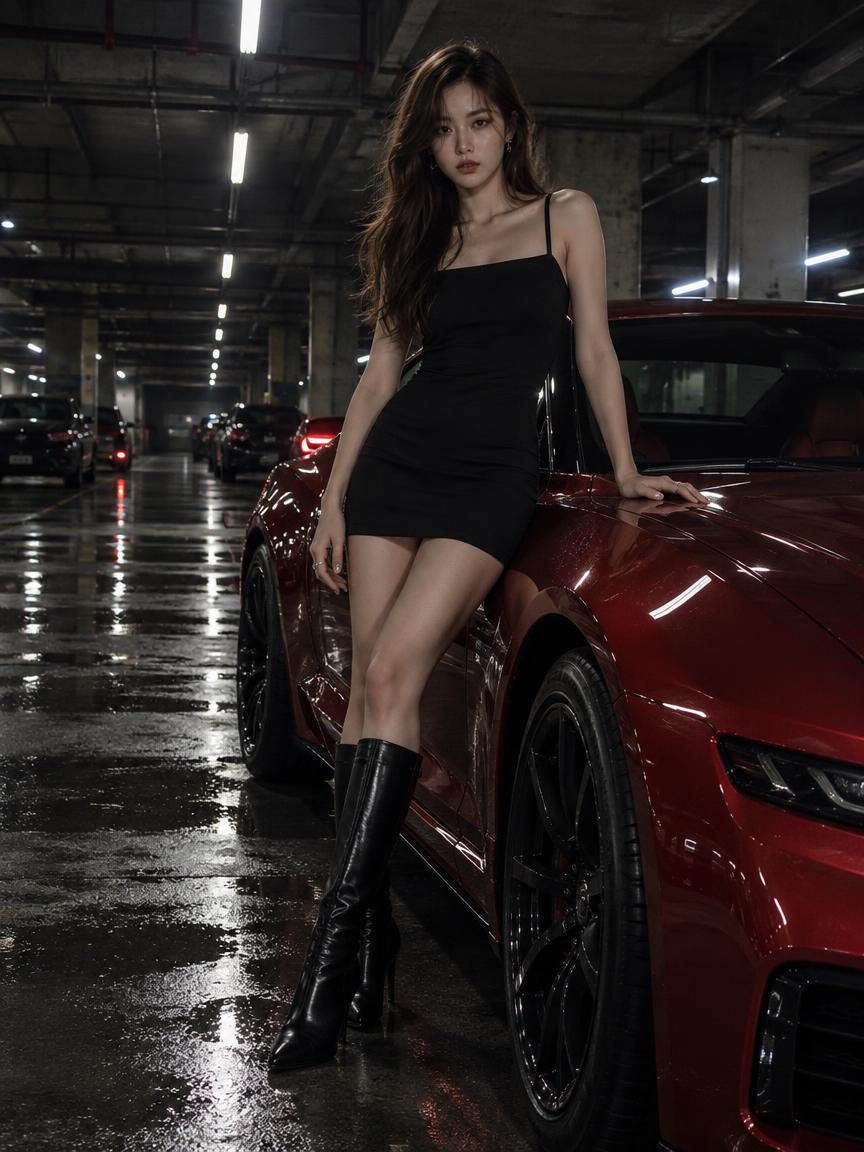 K-Pop Style Portrait: Woman Leaning on Red Sports Car