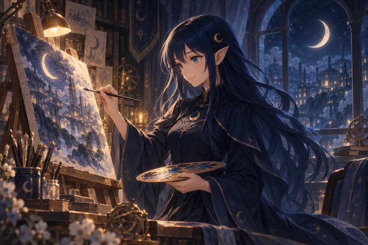Anime Elf Artist Painting at Night