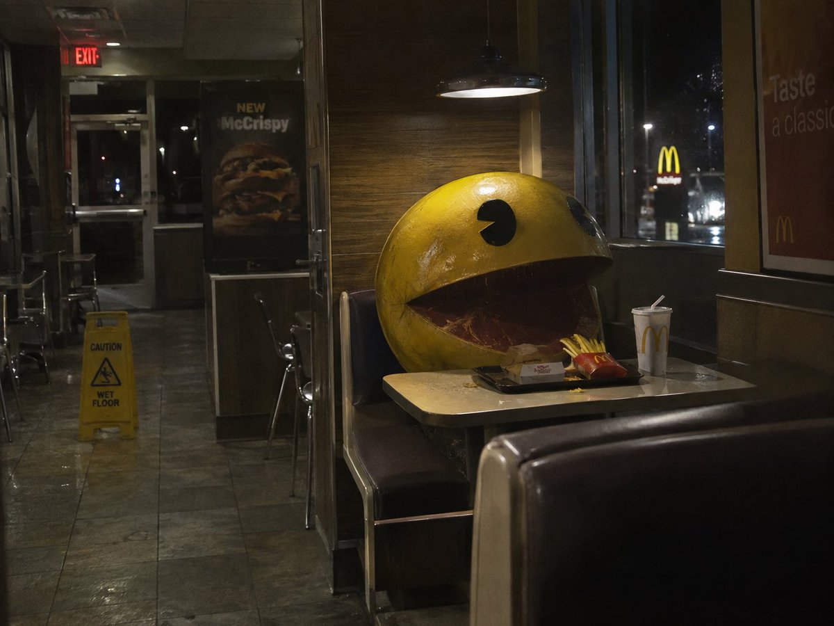 Giant Pac-Man Statue Eating at McDonald's