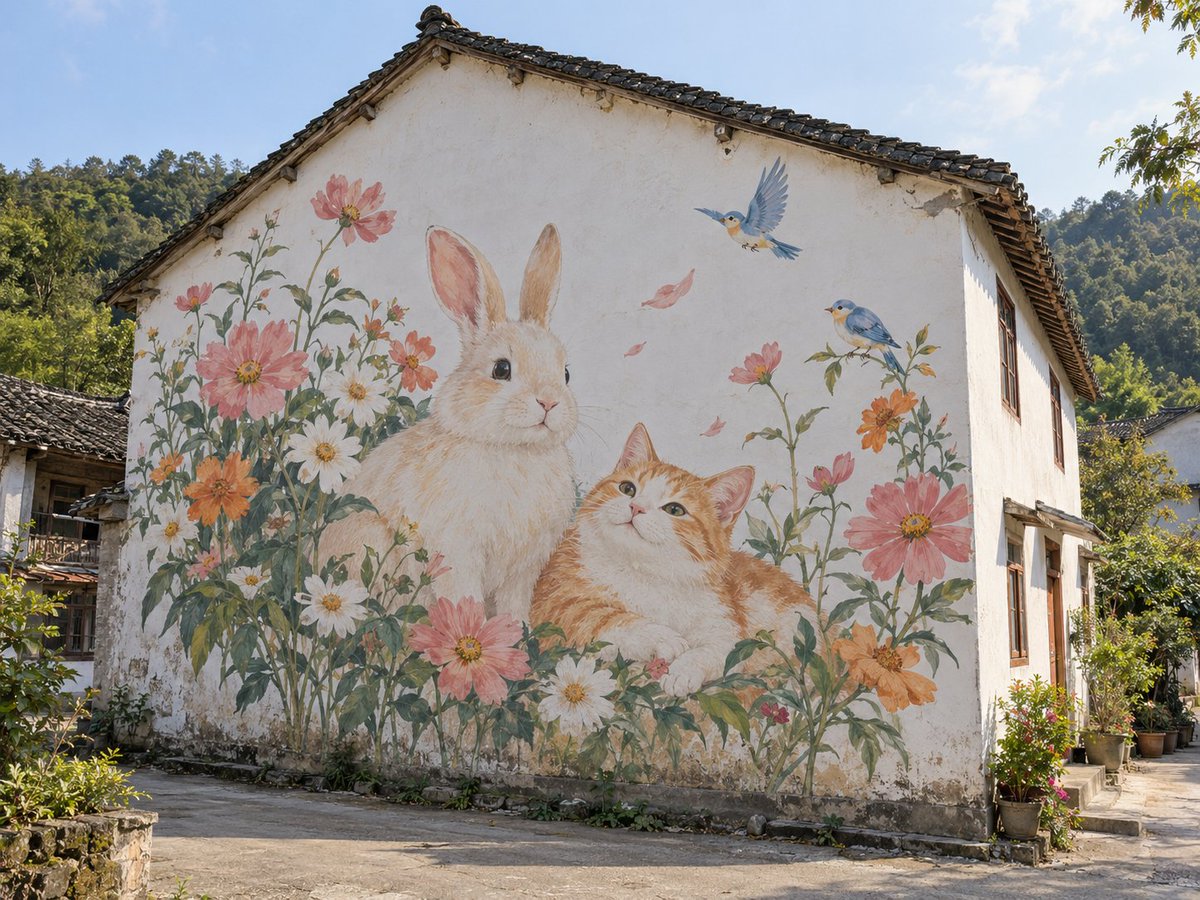 Rural House Mural with Rabbit and Cat