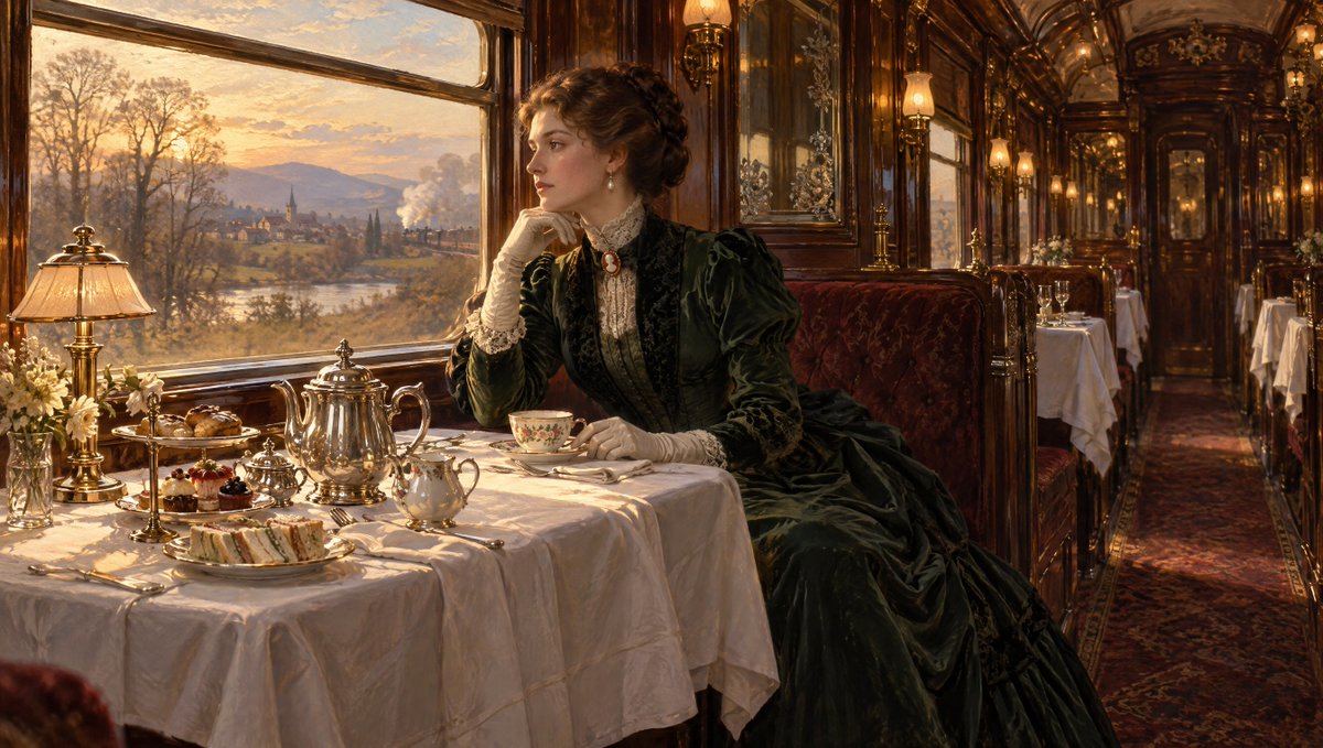 Victorian Woman Having Tea on a Luxury Train example
