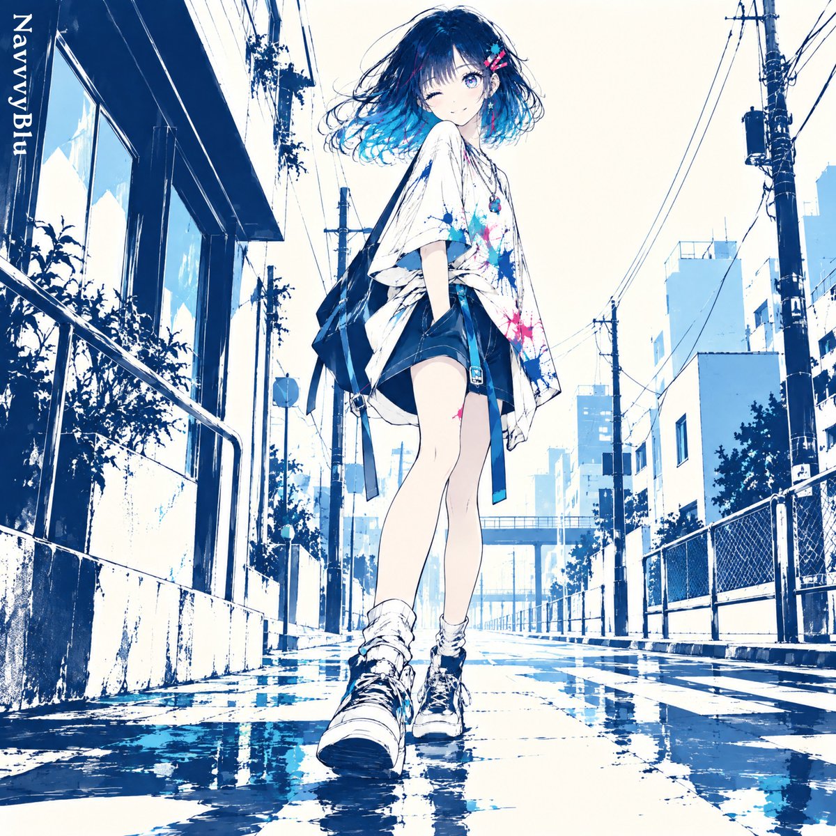 Anime Girl Walking on Wet Street