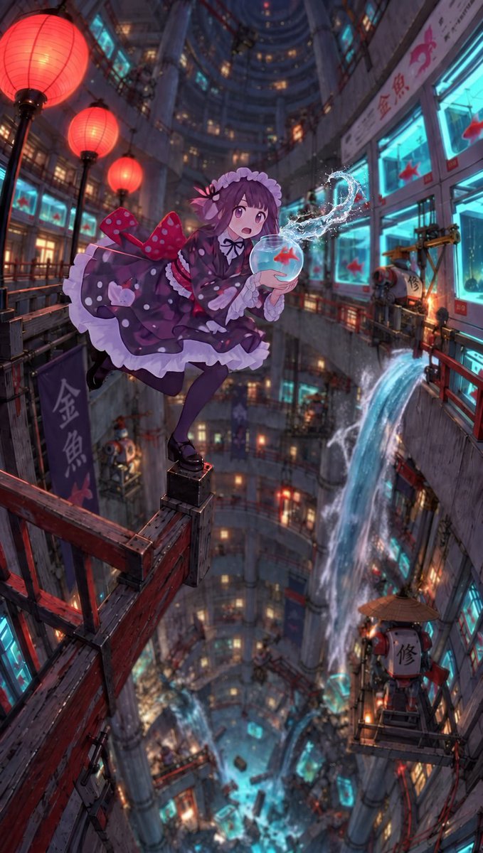 Girl Balancing Goldfish Bowl in Vertical City