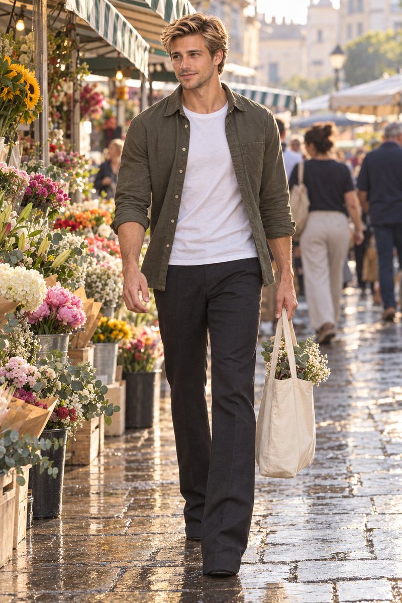 Blond Man Walking Through Flower Market