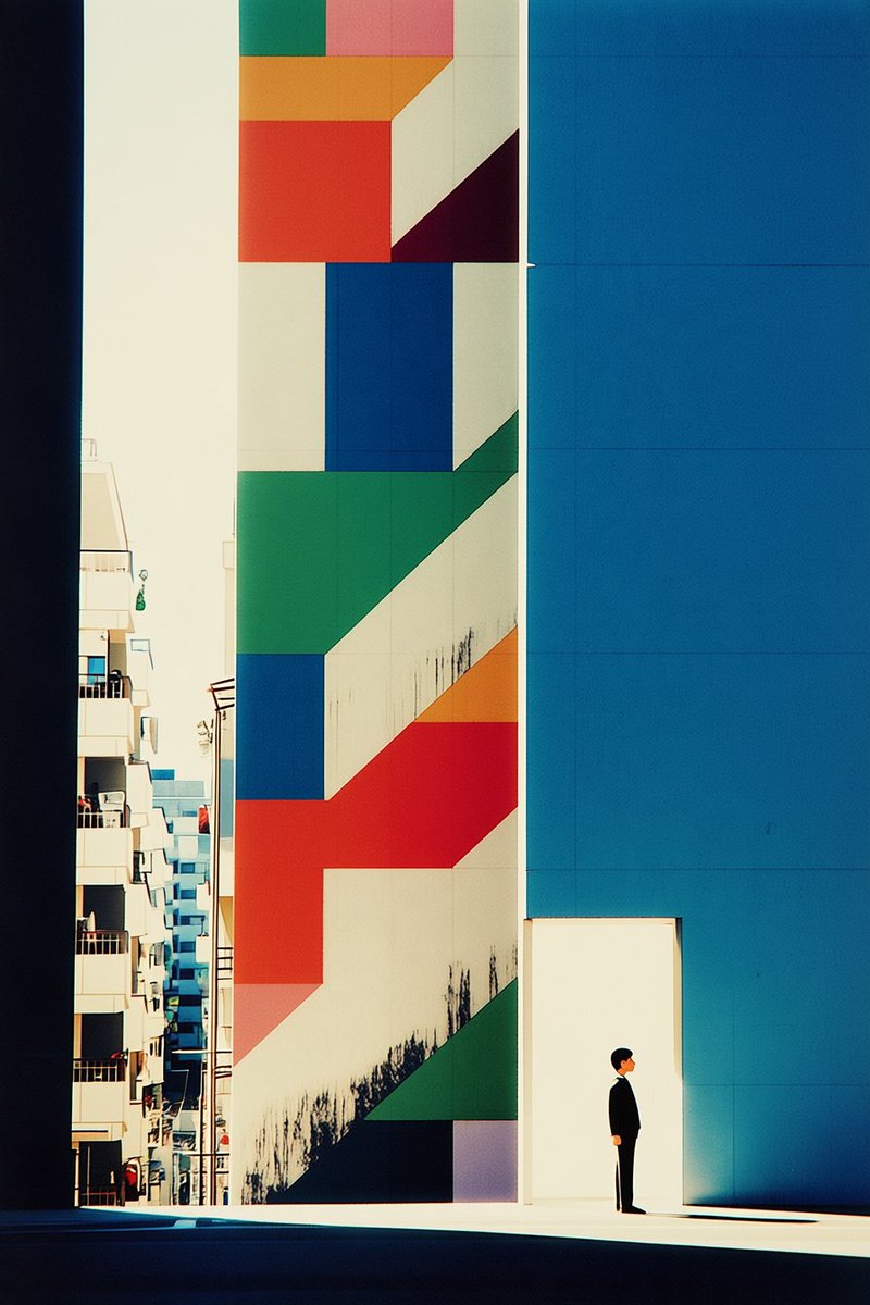 Geometric Mural and Blue Wall with Tiny Figure