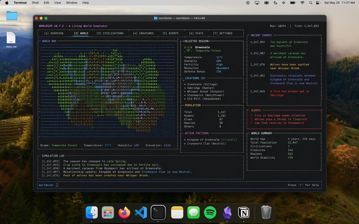 Mac Terminal World Sim UI example