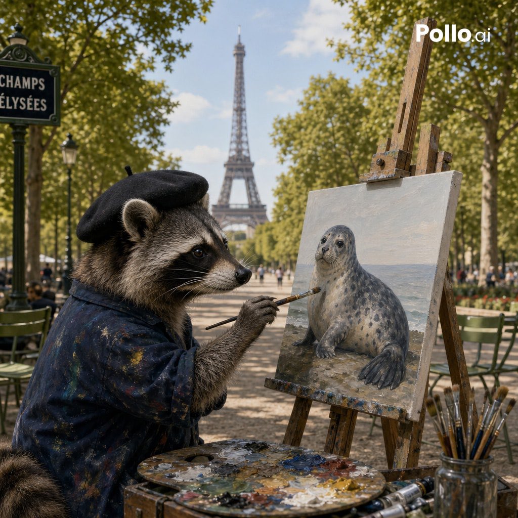 Photorealistic Raccoon Painter in Paris example