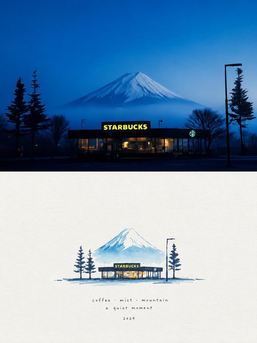 Starbucks Mountain Watercolor Comparison example