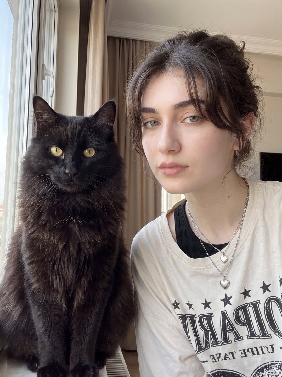 Woman with Fluffy Black Cat Portrait example