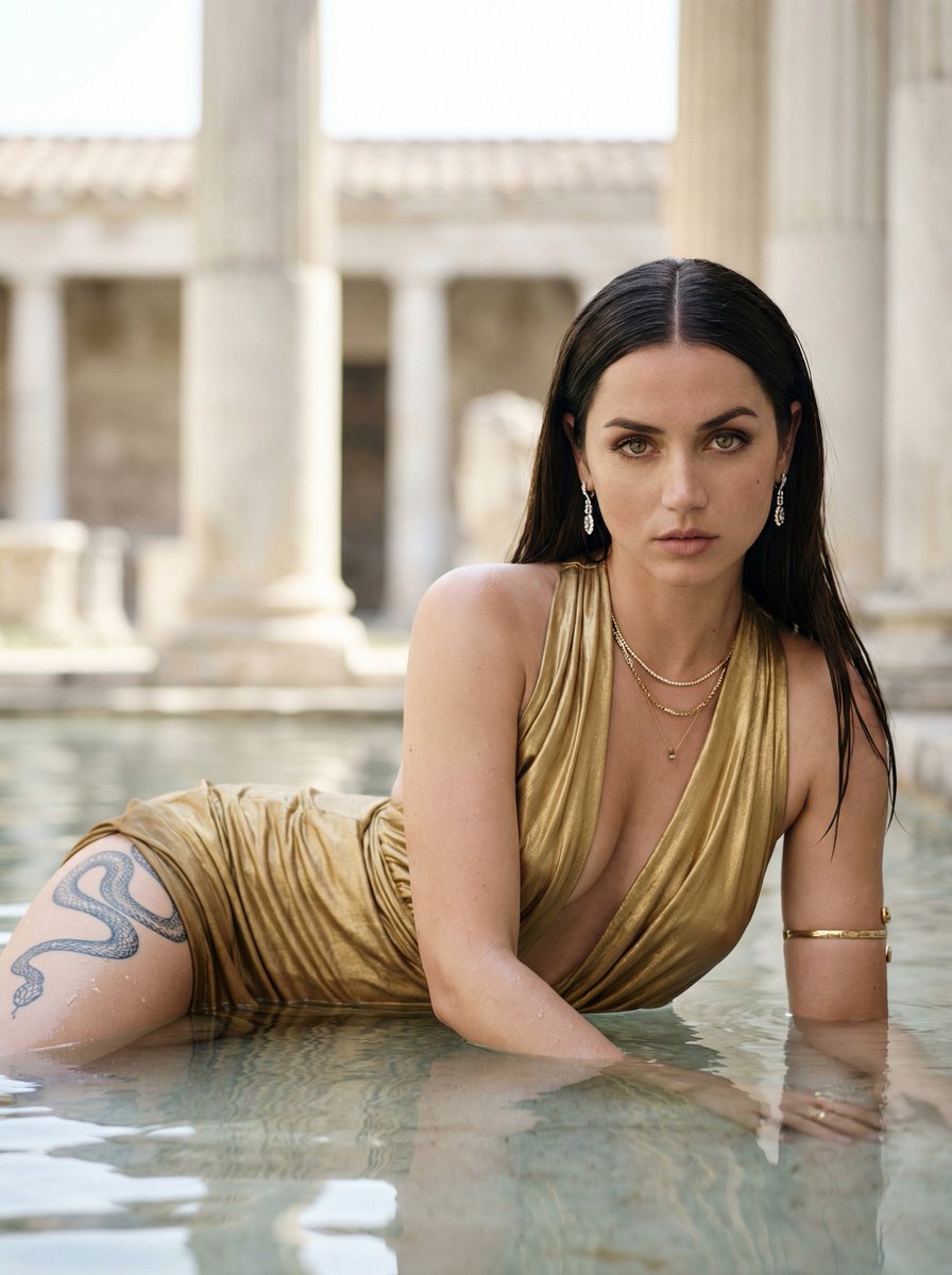 Hyper-Realistic Fashion Editorial in Roman Baths Prompt