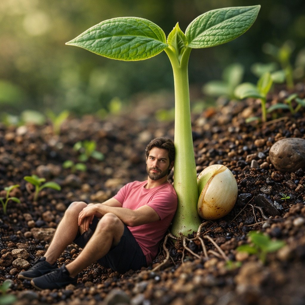 Surreal Macro-Fantasy: Tiny Man and Giant Bean Sprout
