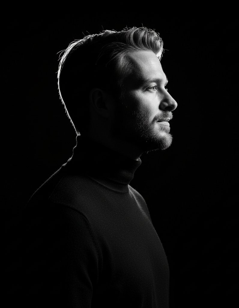 High-contrast rim-lit black and white conceptual side-profile portrait example