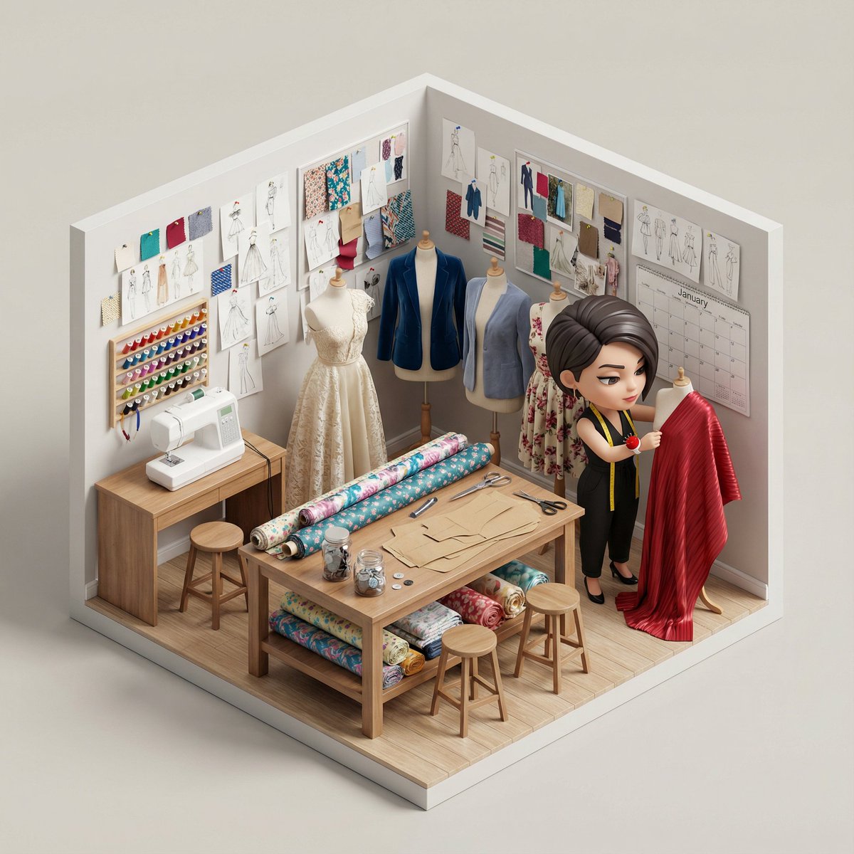 Isometric 3D Miniature Room with Chibi Character Prompt