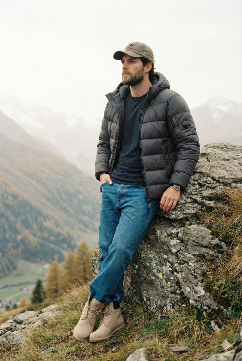 Cinematic Fashion Editorial Image Prompt for Male Subject in Swiss Alps