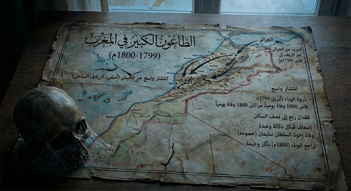 Map of Morocco in 1799–1800 with plague spread example