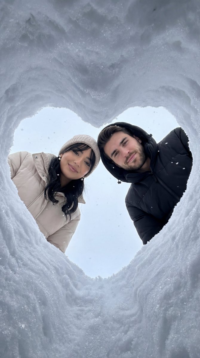 Cinematic Winter Photoshoot with Heart-Shaped Snow Frame example